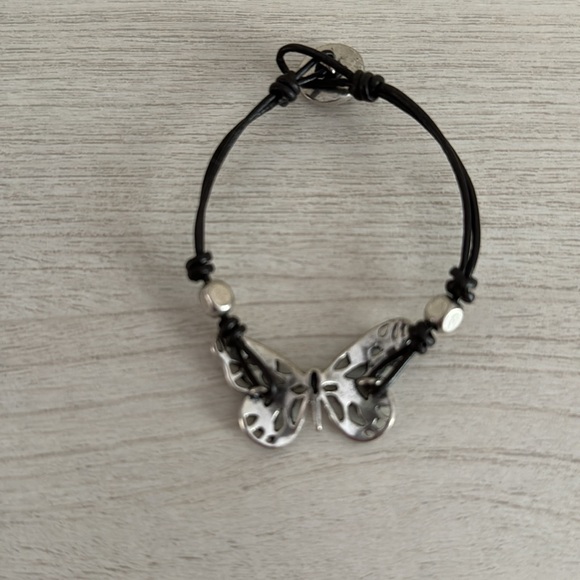 FOSSIL SILVER+BLUE TURQUOISE BUTTERFLY, BLACK LEATHER BRACELET EUC - Picture 2 of 3